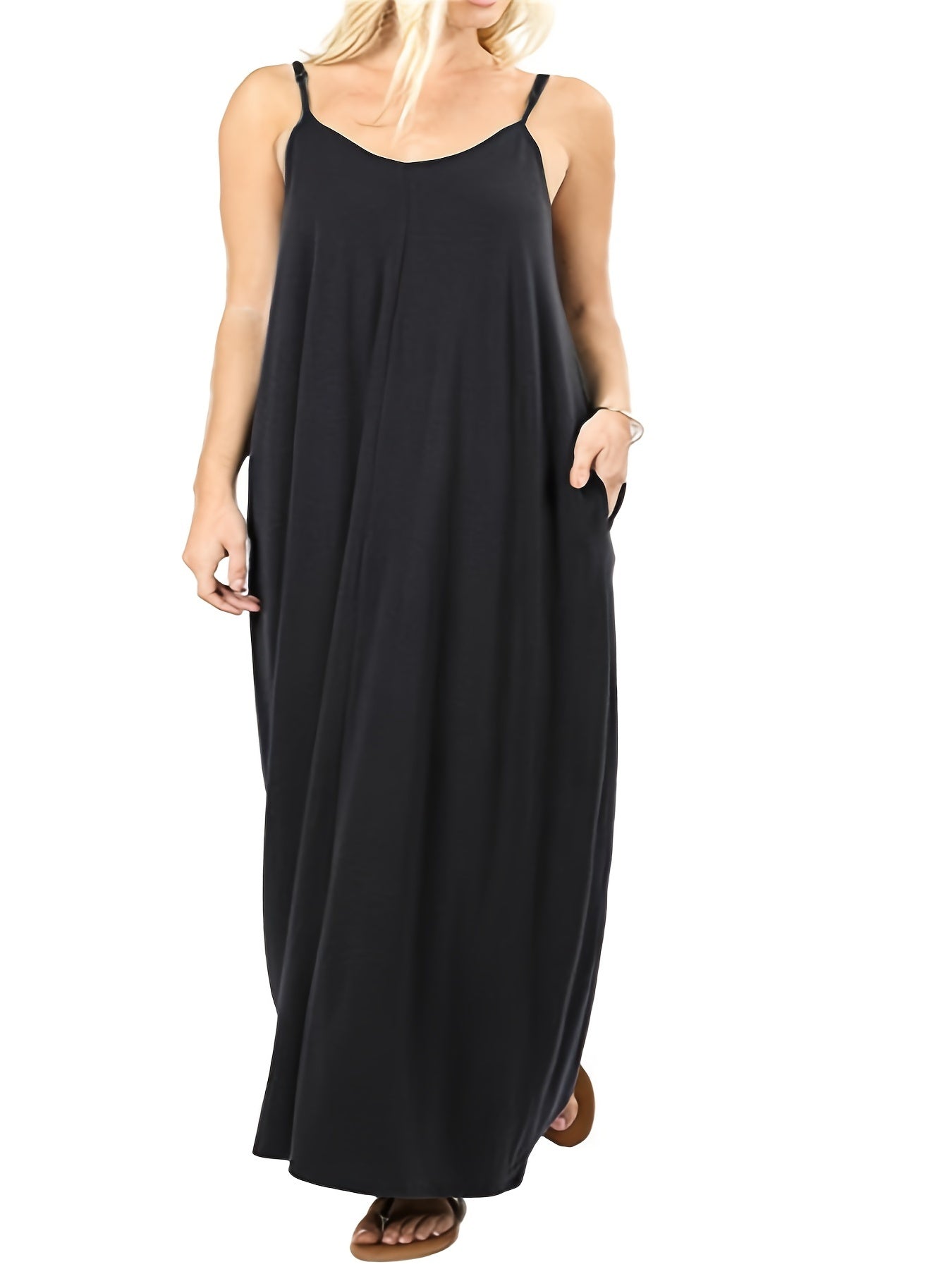  Plain Round Neck Maxi Dress With Pockets