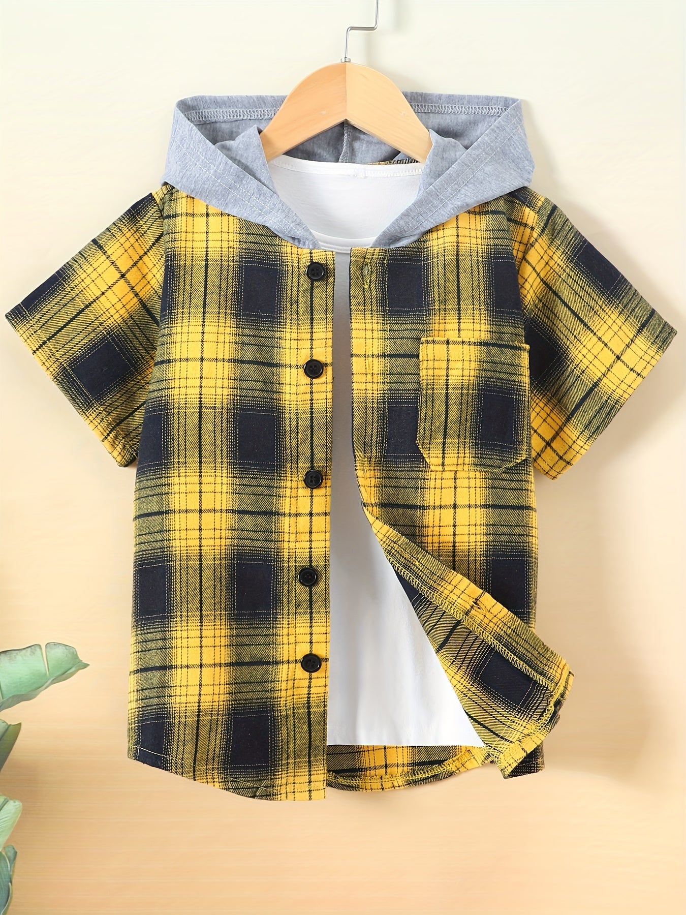 Toddler Boys Plaid Hoodie Shirt Short Sleeve Button Down Shirt