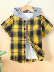 Toddler Boys Plaid Hoodie Shirt Short Sleeve Button Down Shirt