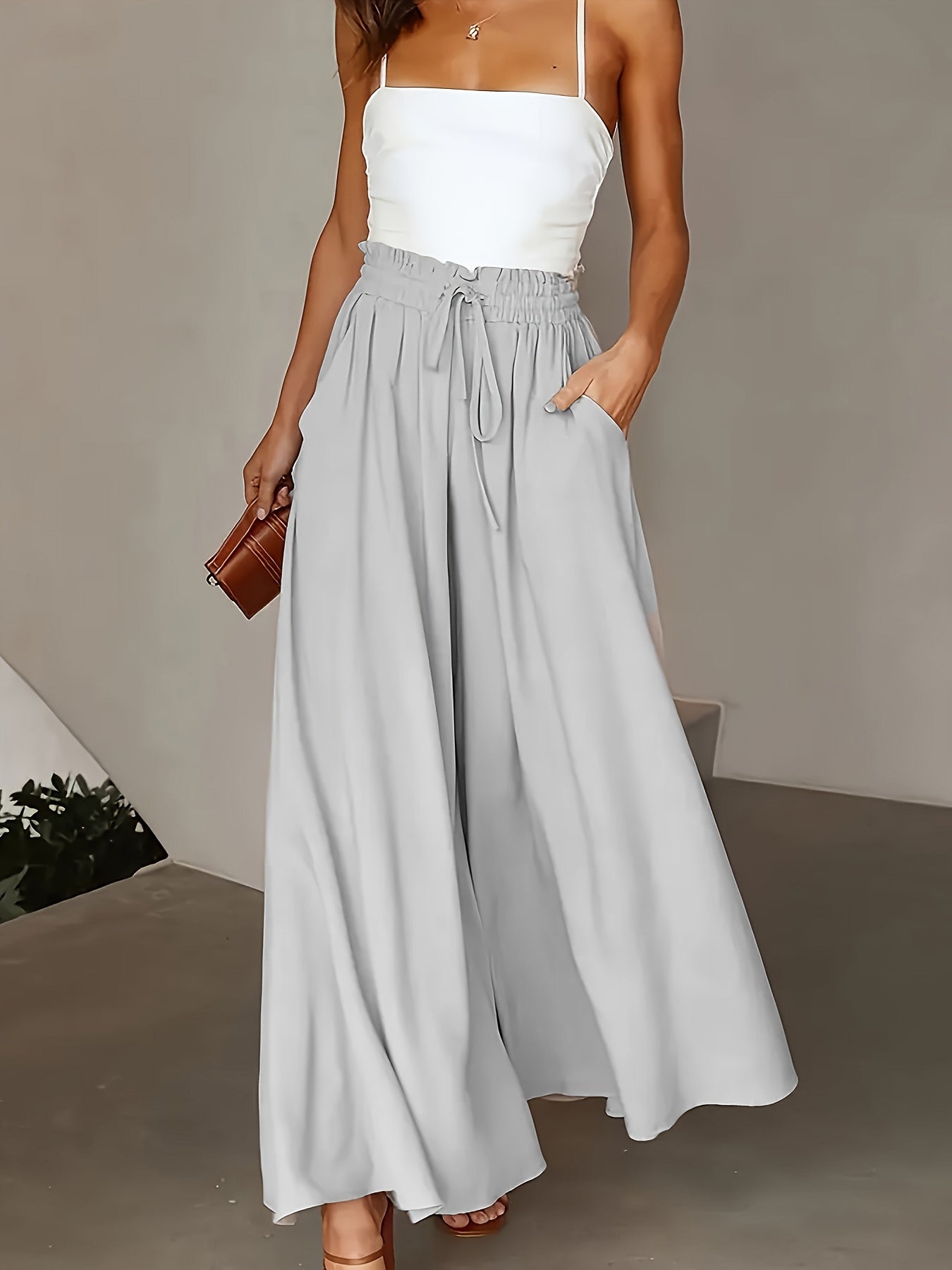  Solid Wide Leg Trousers With Pockets