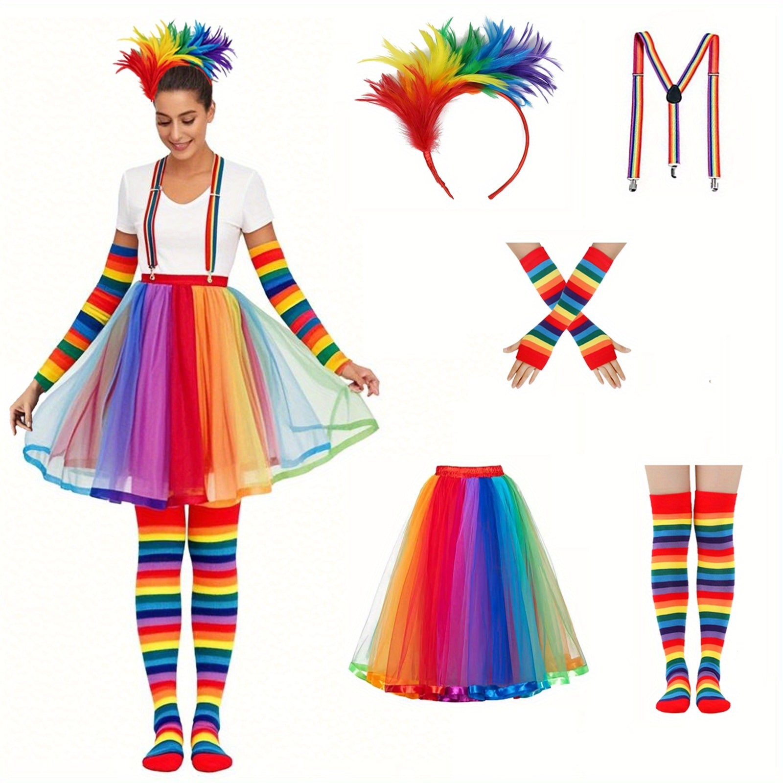 Rainbow Feather Headband Suspender Cuffs Socks Skirt Accessories Set 3p