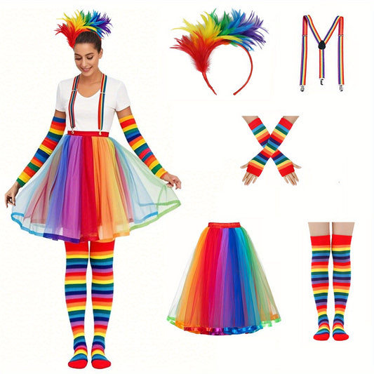Rainbow Feather Headband Suspender Cuffs Socks Skirt Accessories Set 3p