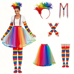 Rainbow Feather Headband Suspender Cuffs Socks Skirt Accessories Set 3p