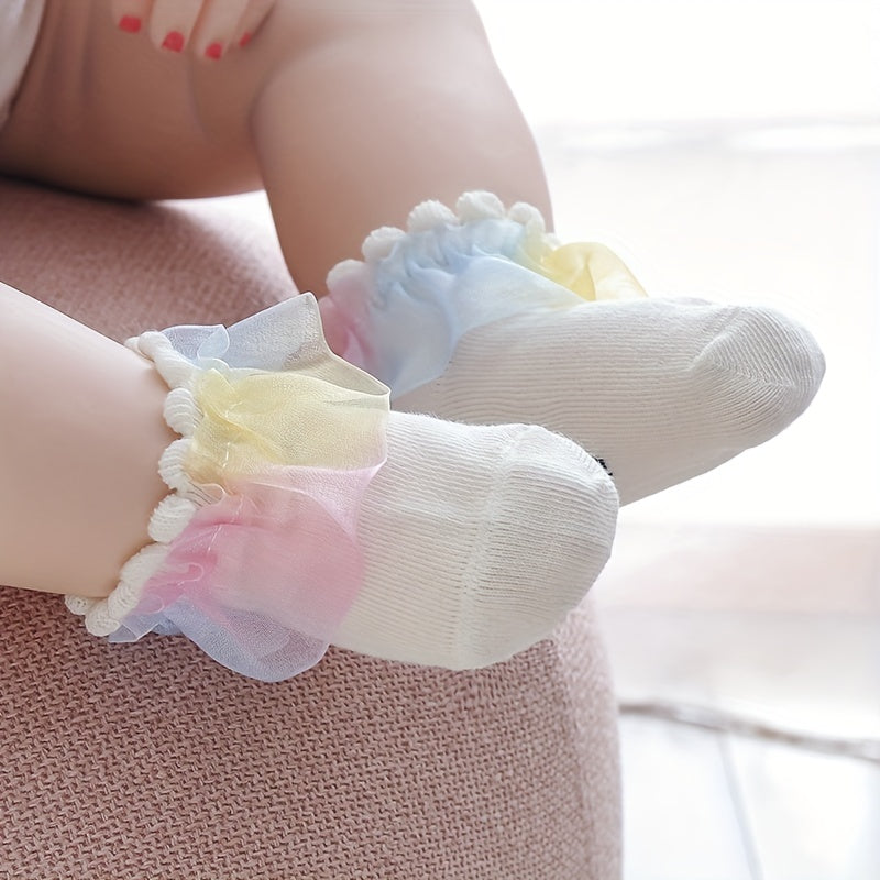 3pcs Colorful Lace Edge Baby Girl Socks, Comfy Princess Socks