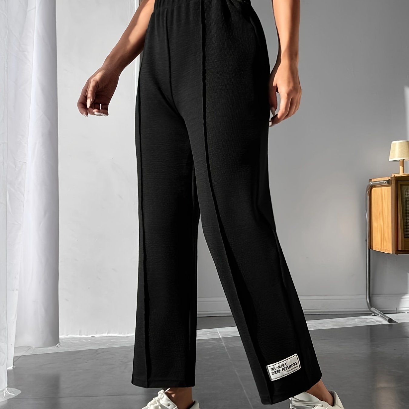  Casual Pants Women's Plus Letter Patched Elastic Waist Straight Leg