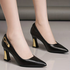 Women's Pointed Toe Court Pumps with Metal Buckle Slip On Chunky Heels