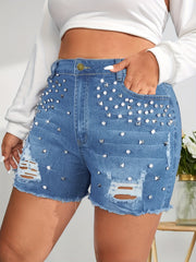  Rhinestone Studded Ripped Denim Shorts