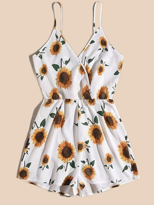 Sunflower Print Cami Romper Jumpsuit V Neck Sleeveless