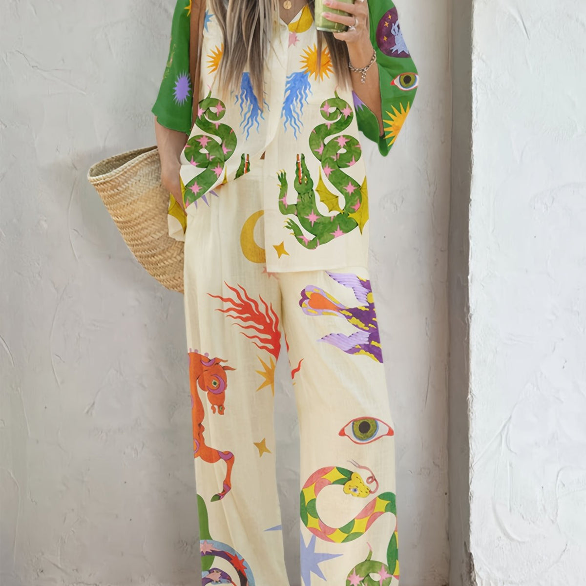  Casual Print Shirt & Pants Set