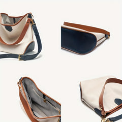 Canvas Block Shoulder Bag Large Capacity Stylish Tote Bag Zipper Strap