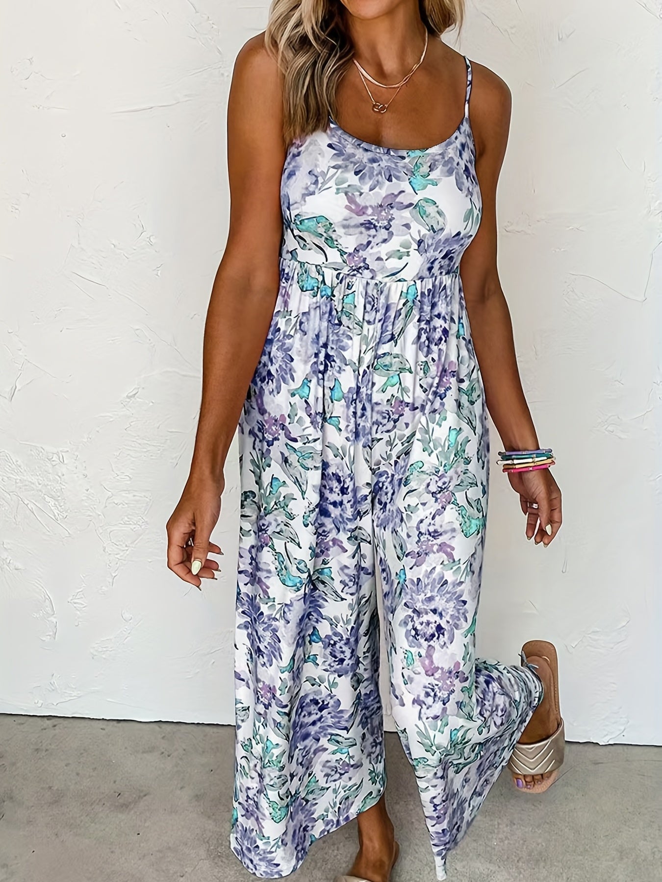Women's Plus Floral Print Round Neck High Stretch Pleated Cami Jumpsuit