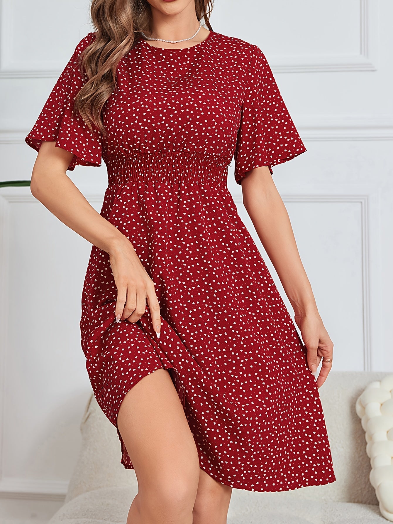 Heart Print Shirred Waist Dress Crew Neck Short Sleeve Dress
