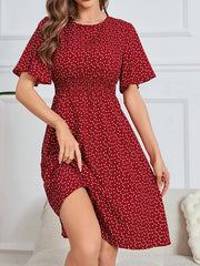 Heart Print Shirred Waist Dress Crew Neck Short Sleeve Dress