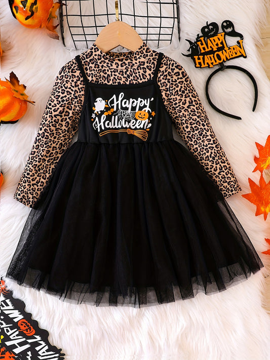 Girl's Mesh Sundress & Leopard Pattern Top Set