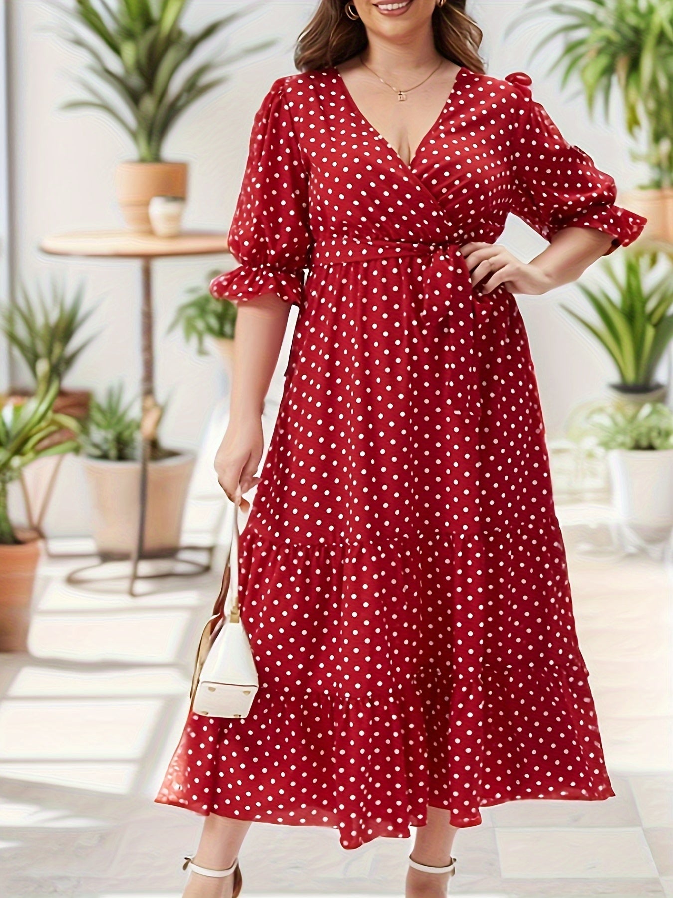 Plus Dot Print Flounce Sleeve Surplice Neck Maxi Dress