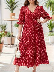 Plus Dot Print Flounce Sleeve Surplice Neck Maxi Dress