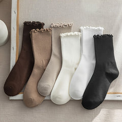 6 Pairs Frilled Solid High Strap Socks