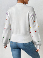  Colorful Thread Ball Decor Lantern Sleeve Mock Neck Sweater