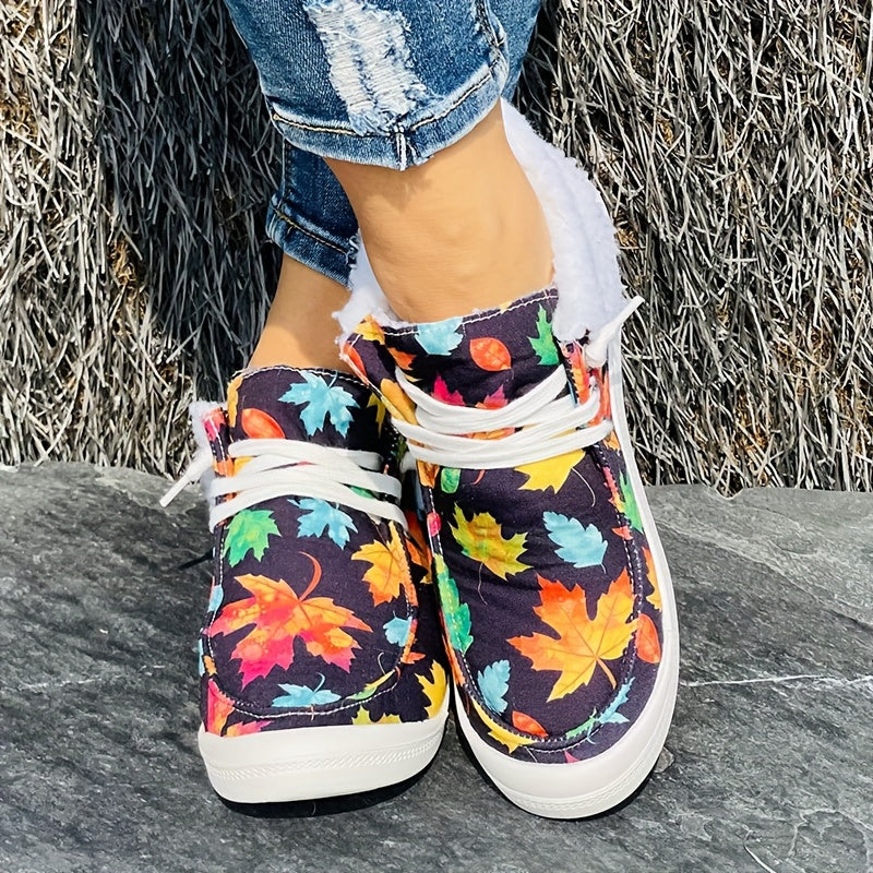 Colorful Maple Leaf Pattern Warm Fur Boots Flat Casual Round Toe Snow Boots