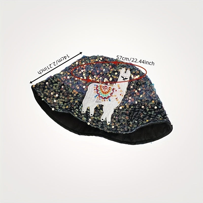 Alpaca Embroidery Sequin Bucket Hat Glitter Fisherman Cap