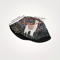 Alpaca Embroidery Sequin Bucket Hat Glitter Fisherman Cap