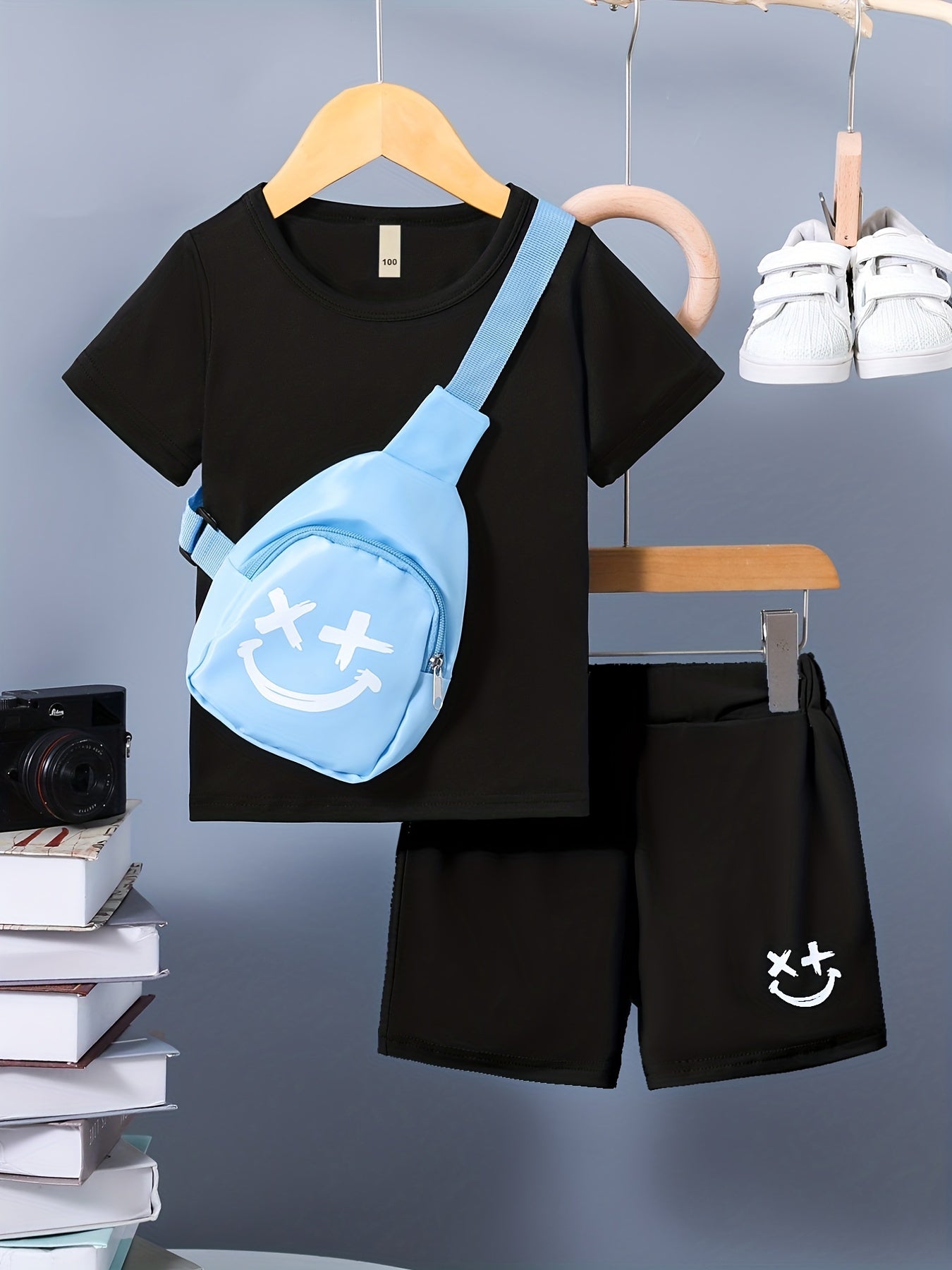 3pcs Boys Casual Short Sleeve T shirt & Shorts Set + Crossbody Bag