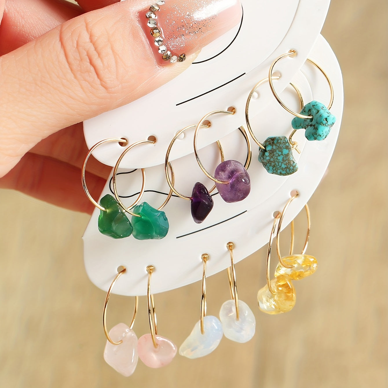 6 Pairs Natural Raw Stone Hoop Earrings for Women Girls