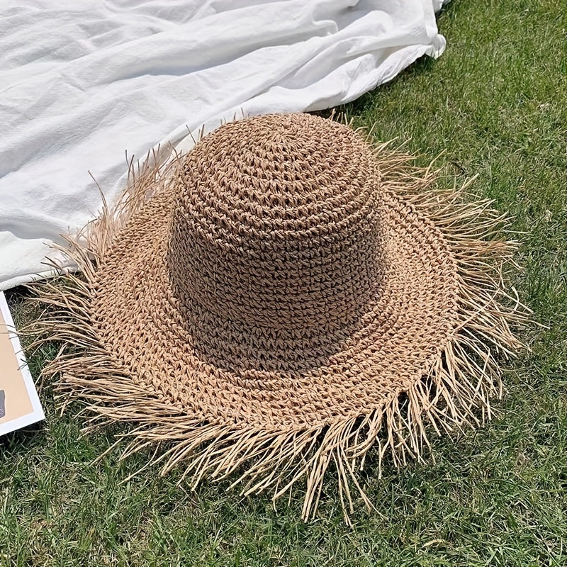 Vintage Raw Brim Sun Hat Solid Crochet Tassel Straw Hat Boho Outdoor Sun Shade