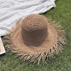 Vintage Raw Brim Sun Hat Solid Crochet Tassel Straw Hat Boho Outdoor Sun Shade