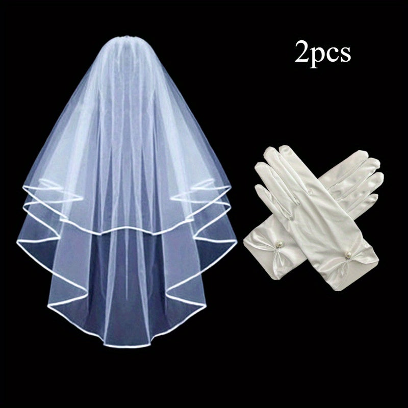 Bridal Veil Pearl Gloves Short Satin Edge Net Veil Wedding Bachelorette Party