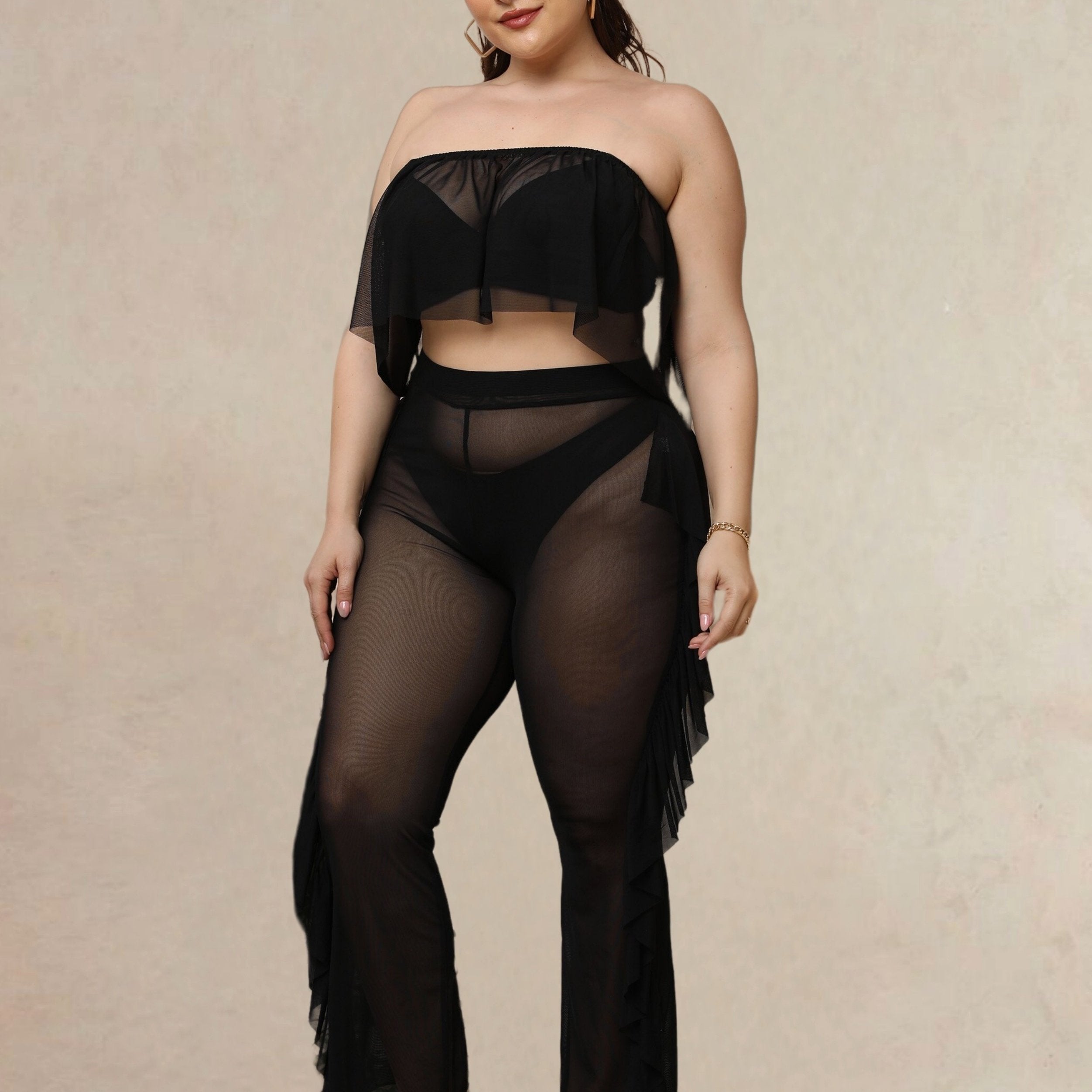  Ruffle Trim Semi Sheer Cover Up Pants