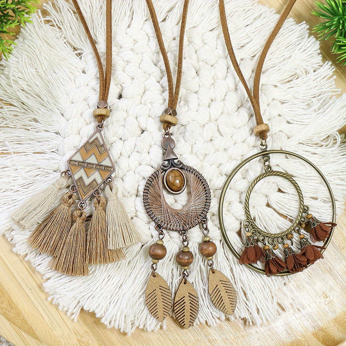 Boho Ethnic Tassel Pendant Necklaces Retro Rhinestone Drip Oil Alloy Necklace