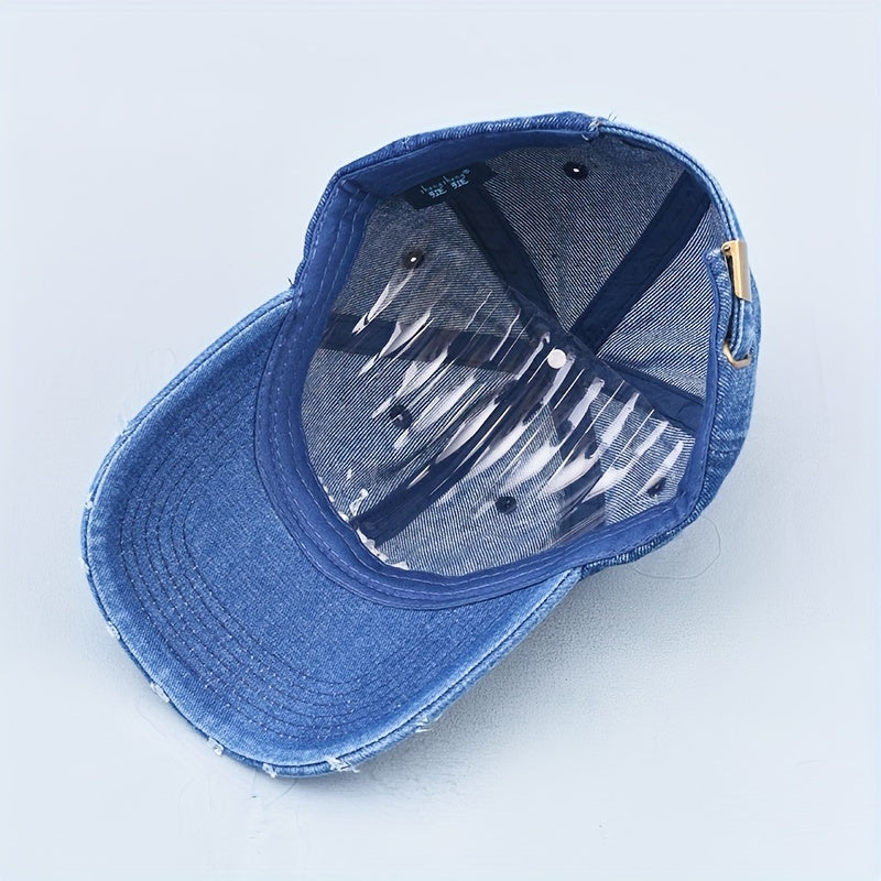 Distressed Embroidered Baseball Cap Washed Denim Sun Hat