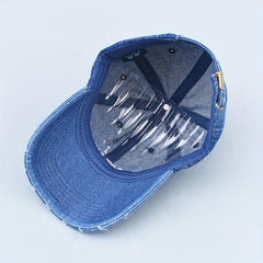 Distressed Embroidered Baseball Cap Washed Denim Sun Hat