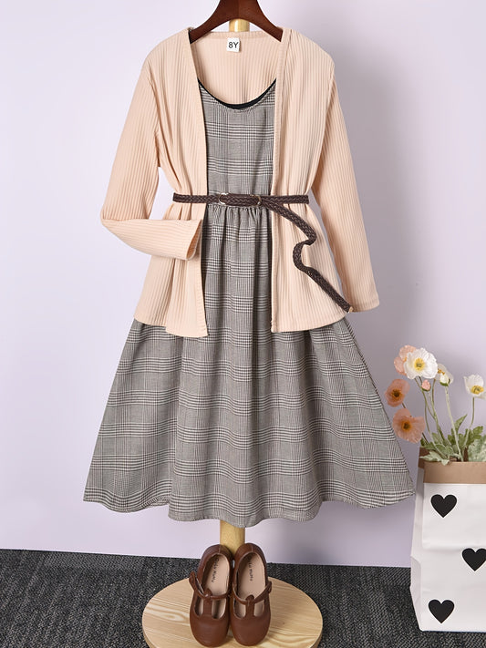 Girls Houndstooth Vest Dress & Apricot Ribbed Jacket Set