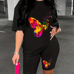 Colorblock Butterfly Print Lounge Set Short Sleeve Top & Cozy Shorts