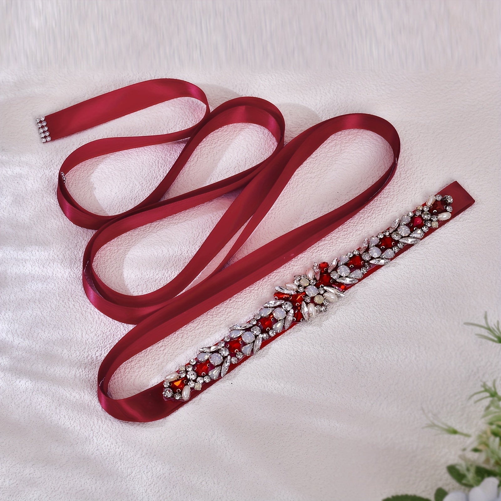 Red Rhinestone Bridal Belt with Crystals and Ribbon Accents