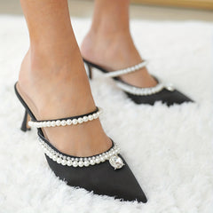 Women's Pearl & Rhinestone Slingback Mules High Heels