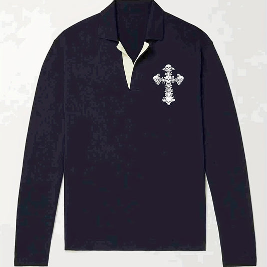 Knitted Cross Print Sweater Men's Warm V Neck Pullover For Fall Winter