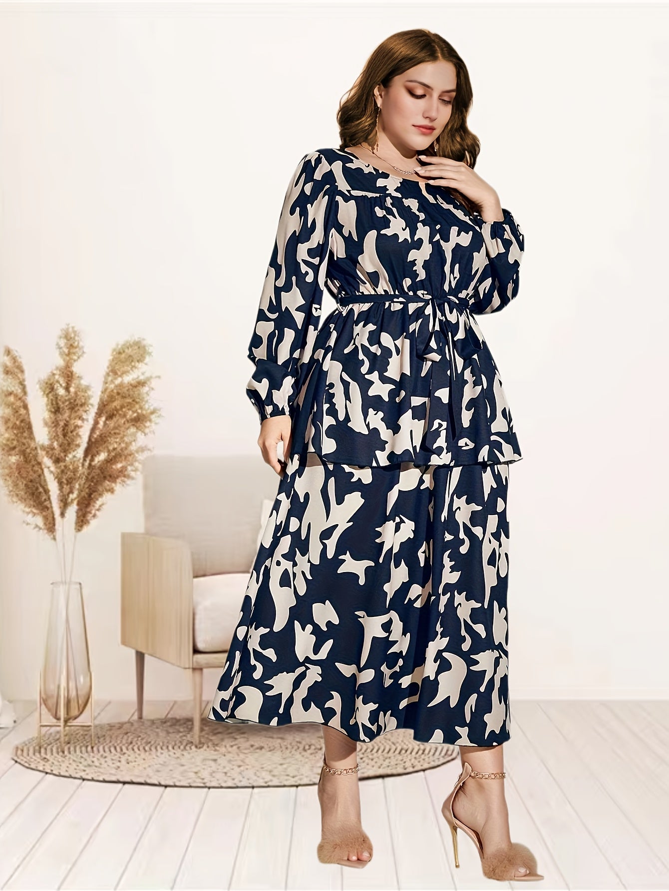  Allover Print Lantern Sleeve Maxi Dress With Belt