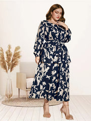  Allover Print Lantern Sleeve Maxi Dress With Belt