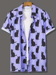 Cat Print Men's Casual Short Sleeve Shirt for Summer Vacation Resort