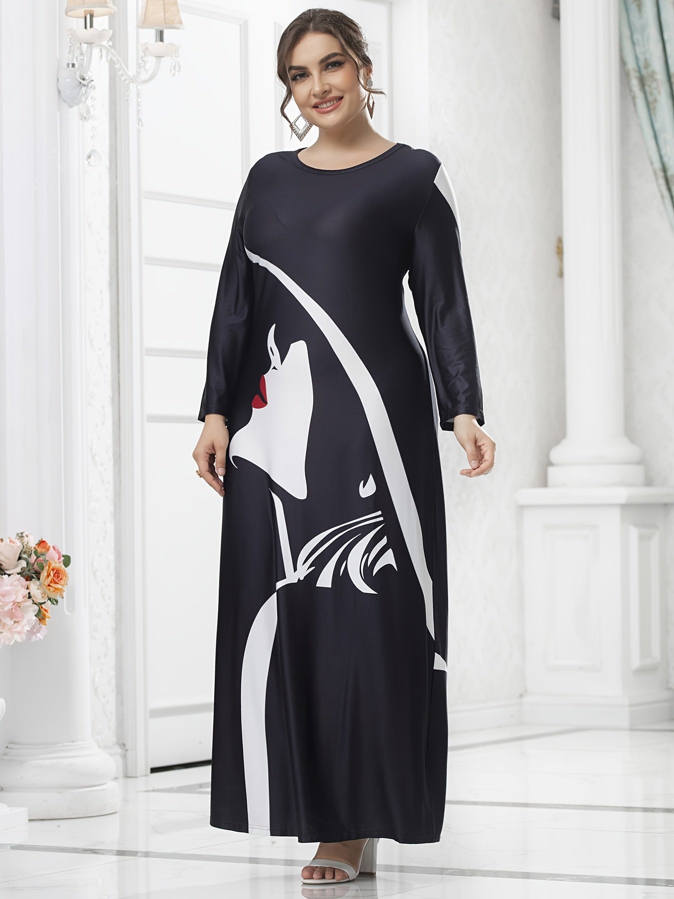 Women's Plus Colorblock Figure Print Long Sleeve Maxi Dress