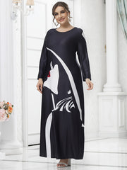 Women's Plus Colorblock Figure Print Long Sleeve Maxi Dress