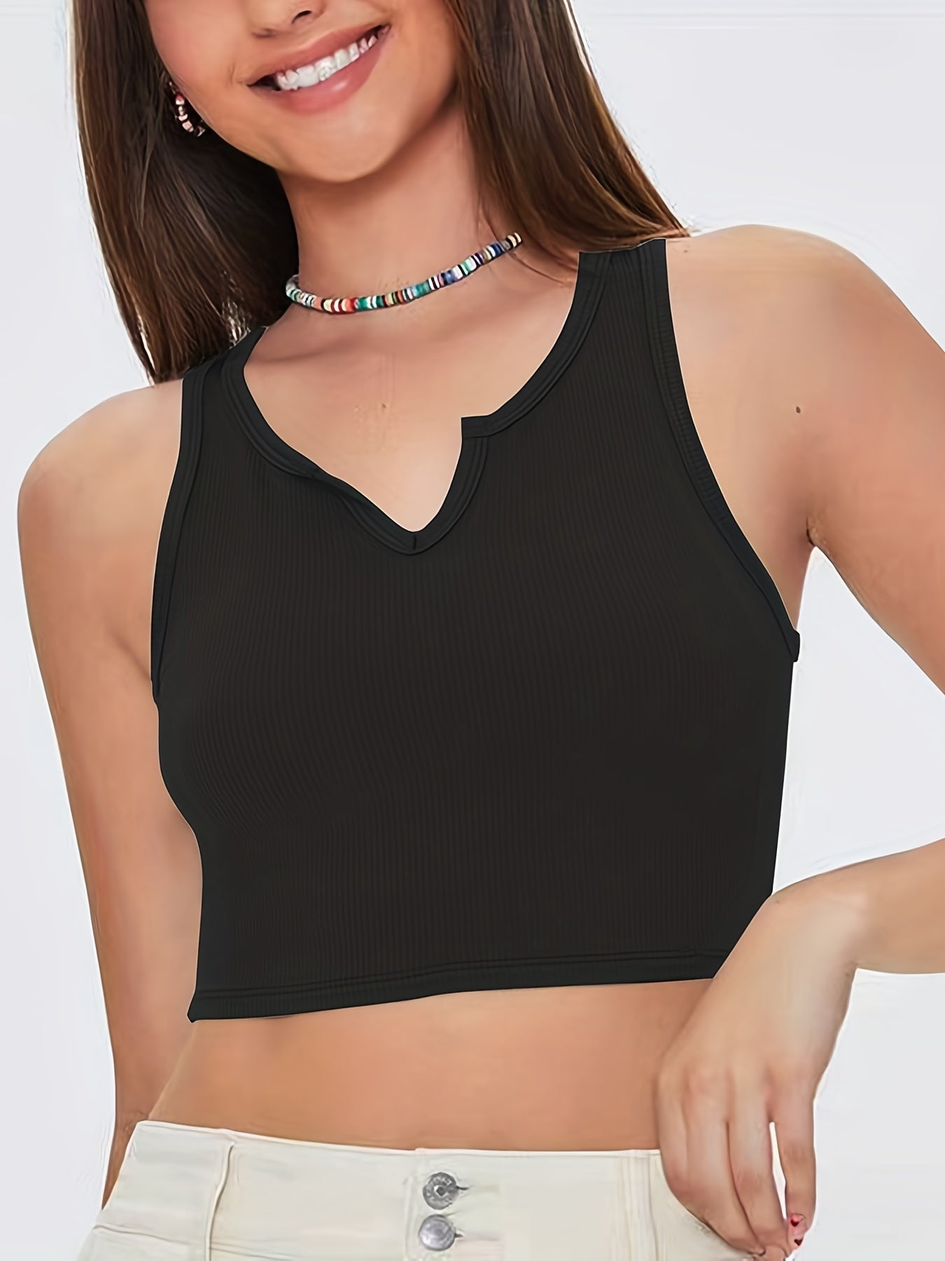 Ribbed Crop Tank V-Neck Sleeveless Top