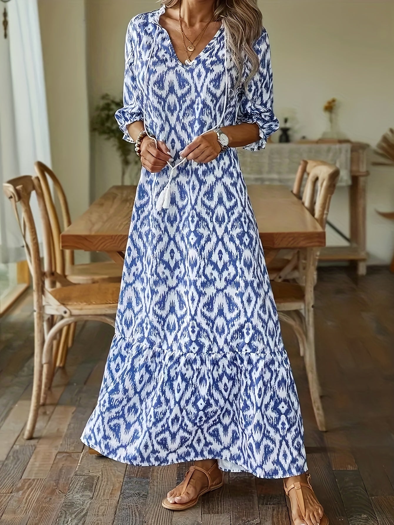 Boho Tassel V Neck Dress Half Sleeve Women's Clothing
