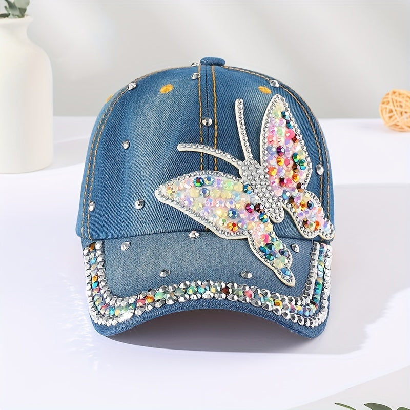 Colorful Rhinestone Butterfly Baseball Cap Patch Distressed Dad Hat