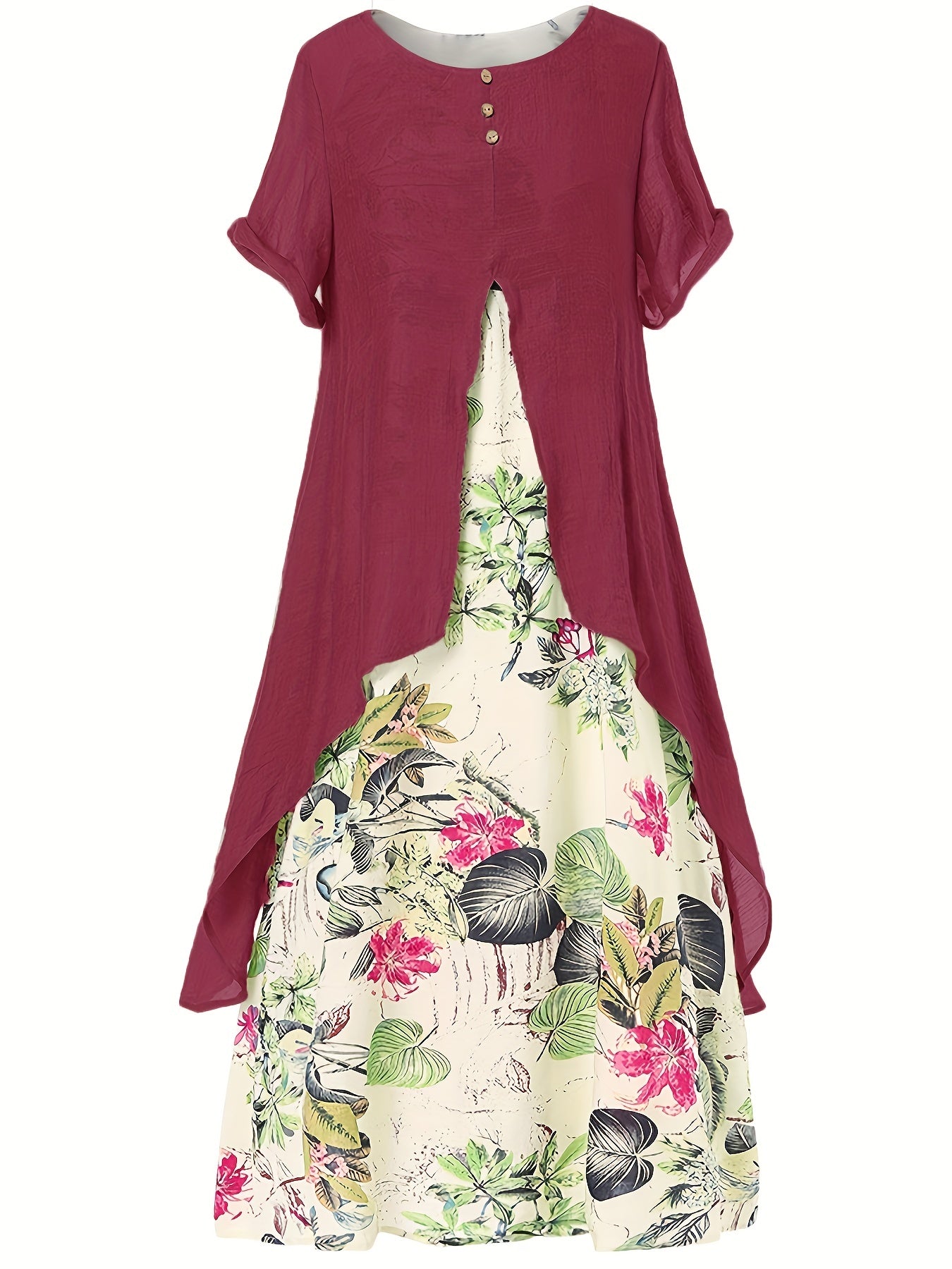 Asymmetrical Floral Print Dress Short Sleeve Crew Neck Casual Dress