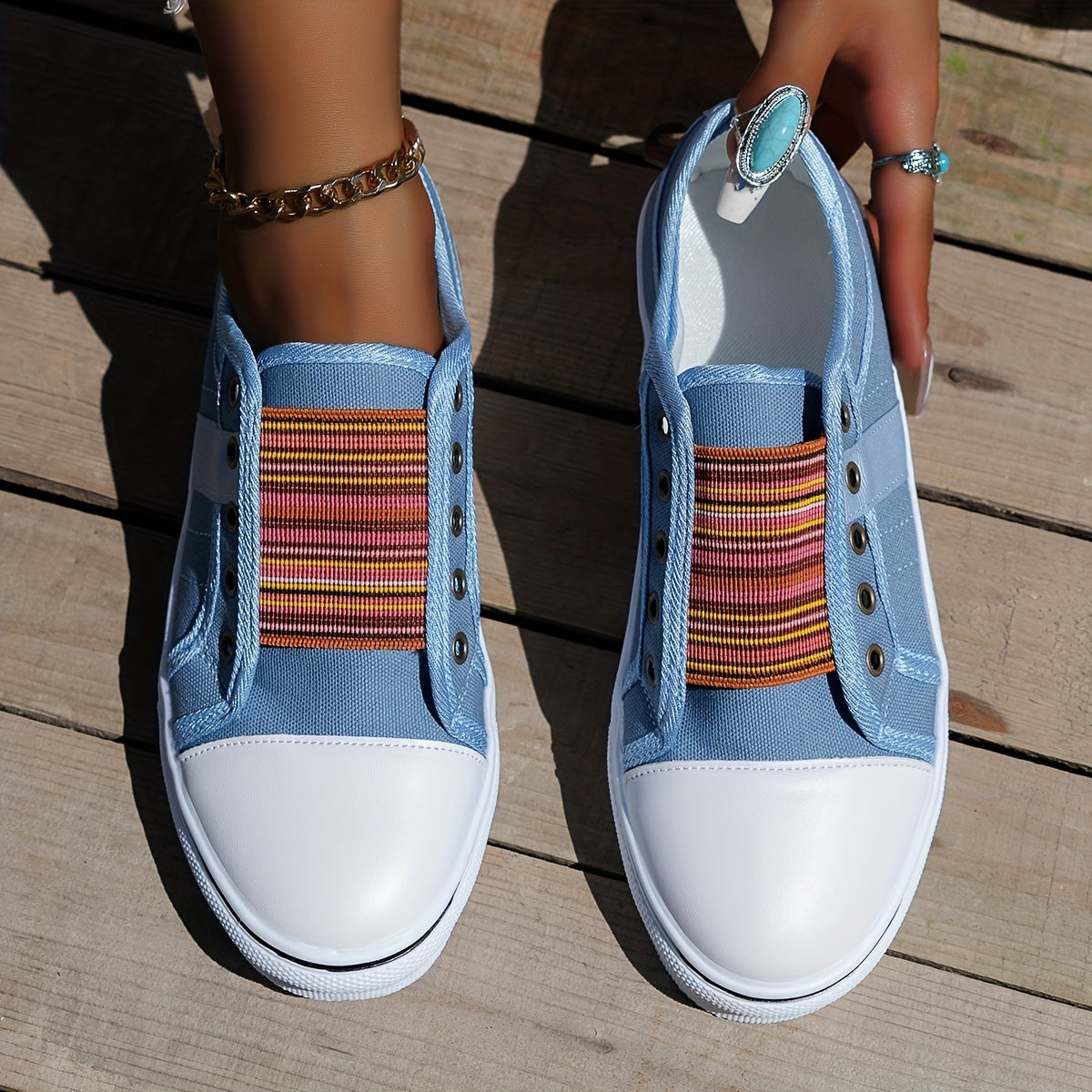 Women's Canvas Slip On Outdoor Sneakers Elastic Band Shoes