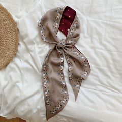 Floral Print Satin Twilly Scarf Hair Ribbon Silk Double Layer Neckwear